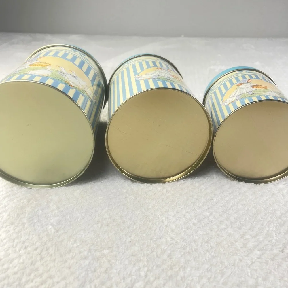 Vintage Country Girl and Geese Nesting Kitchen Canister Tin Set of 3 Blue Cream